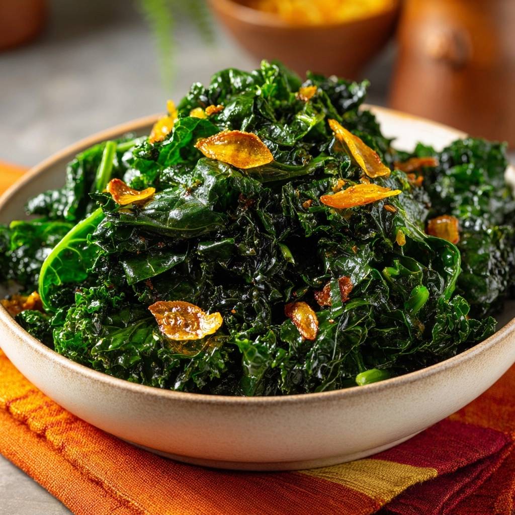 Crispy garlic kale dish featuring a close-up view of the wilted greens with scattered golden garlic chips.