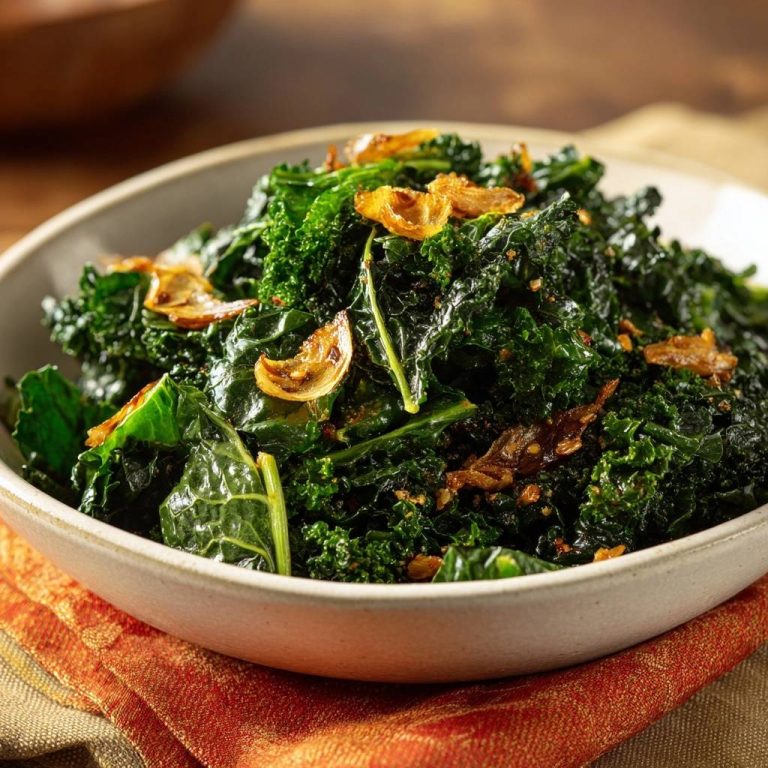 Crispy garlic kale served in a bowl, showcasing its vibrant green texture and golden fried garlic topping.