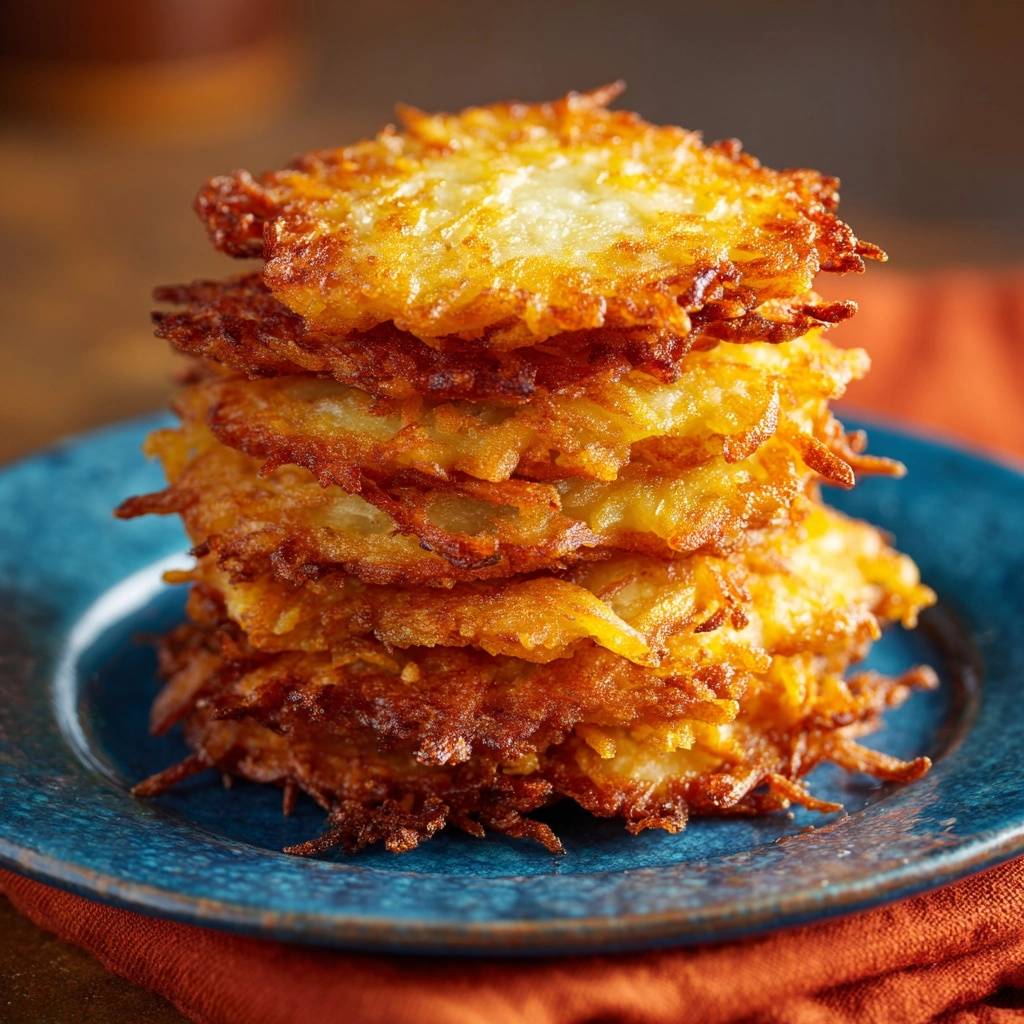 Crispy potato latkes stacked high on a blue plate, showcasing a close-up view of their golden-brown texture.