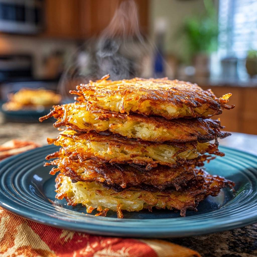Crispy potato latkes are stacked high, with visible steam rising from the freshly cooked, golden-brown potato pancakes.