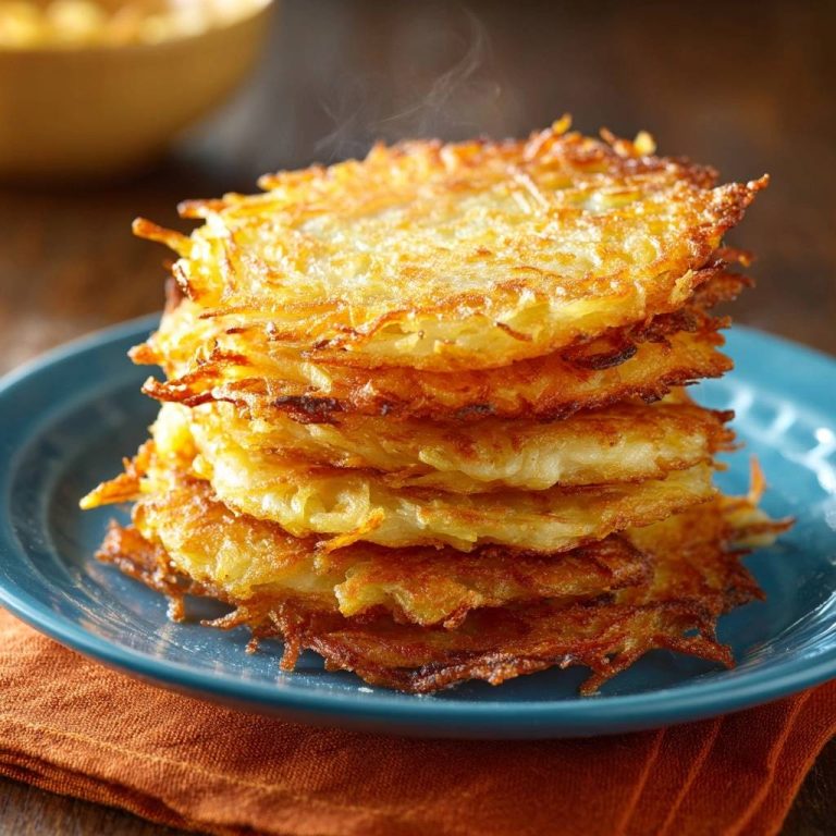 Crispy potato latkes are stacked high on a blue plate with steam rising from the top latke.
