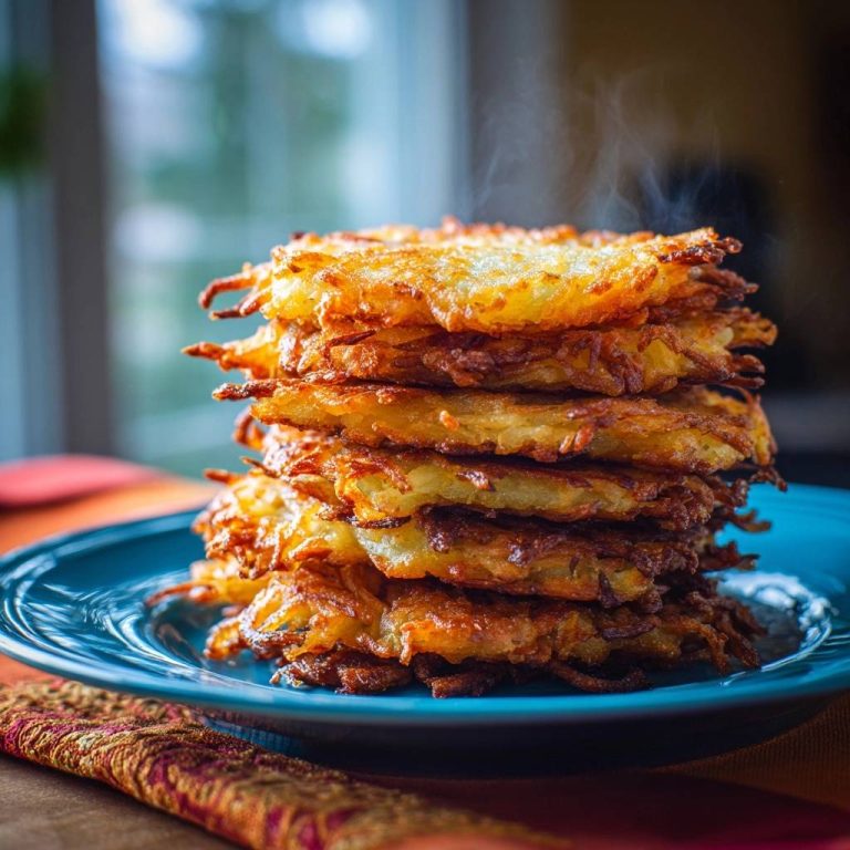 Crispy potato latkes with ultra-crispy edges and fluffy centers, presented as a steaming stack on a blue plate.