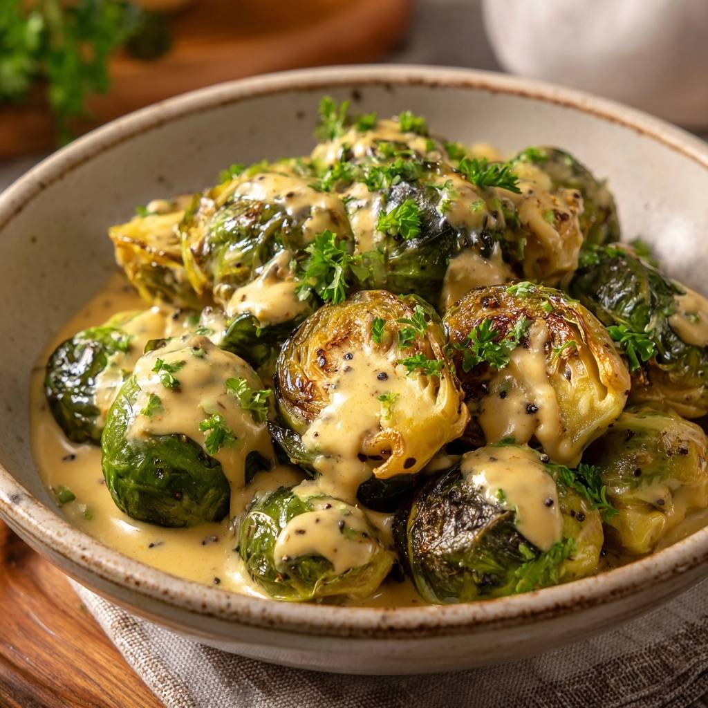 Crispy roasted Brussels sprouts with creamy sauce, generously garnished with fresh parsley, served in a rustic bowl.