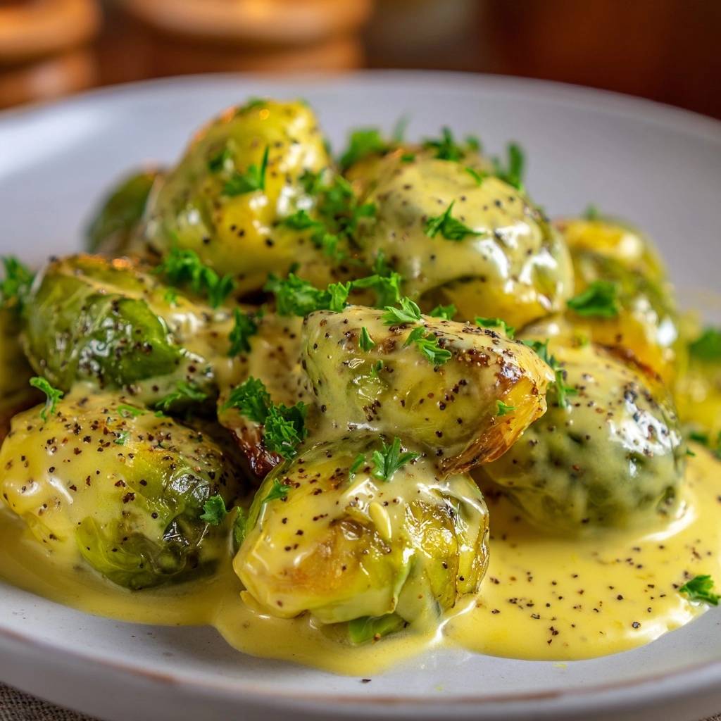 Crispy roasted Brussels sprouts with creamy sauce, shown in a close-up view, drizzled with sauce and garnished with parsley.