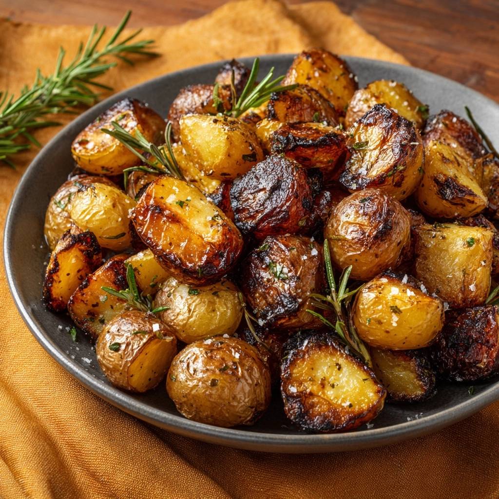 Crispy rosemary baby potatoes are served in a dark bowl, seasoned with coarse salt and fresh herbs.