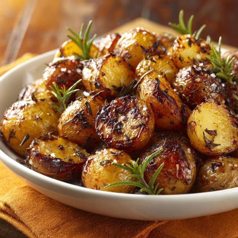 Crispy rosemary baby potatoes piled high in a white bowl, seasoned with salt and fresh herbs.