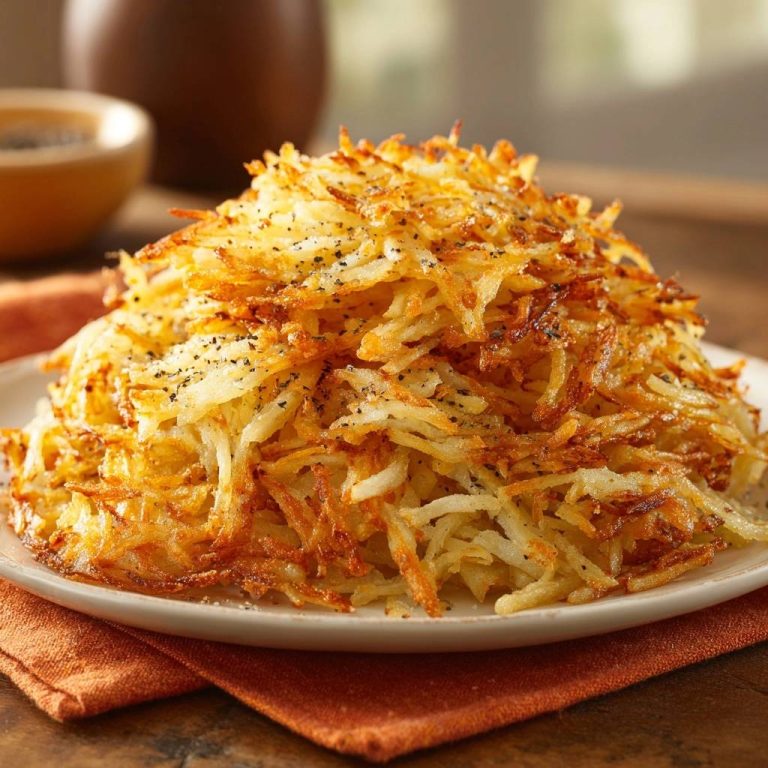 Crispy shredded hash browns piled high on a white plate, showcasing their golden-brown, layered texture.