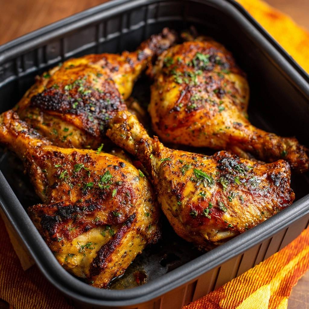 Crispy spiced chicken drumsticks presented in a black tray, showcasing their seasoned texture and golden-brown skin.