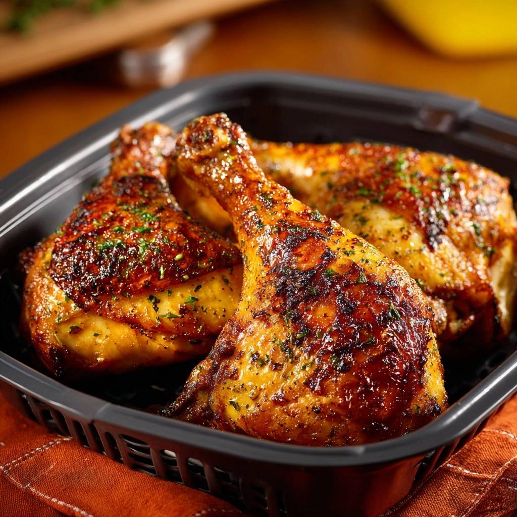 Crispy spiced chicken drumsticks nestled in a black basket, garnished with fresh herbs.