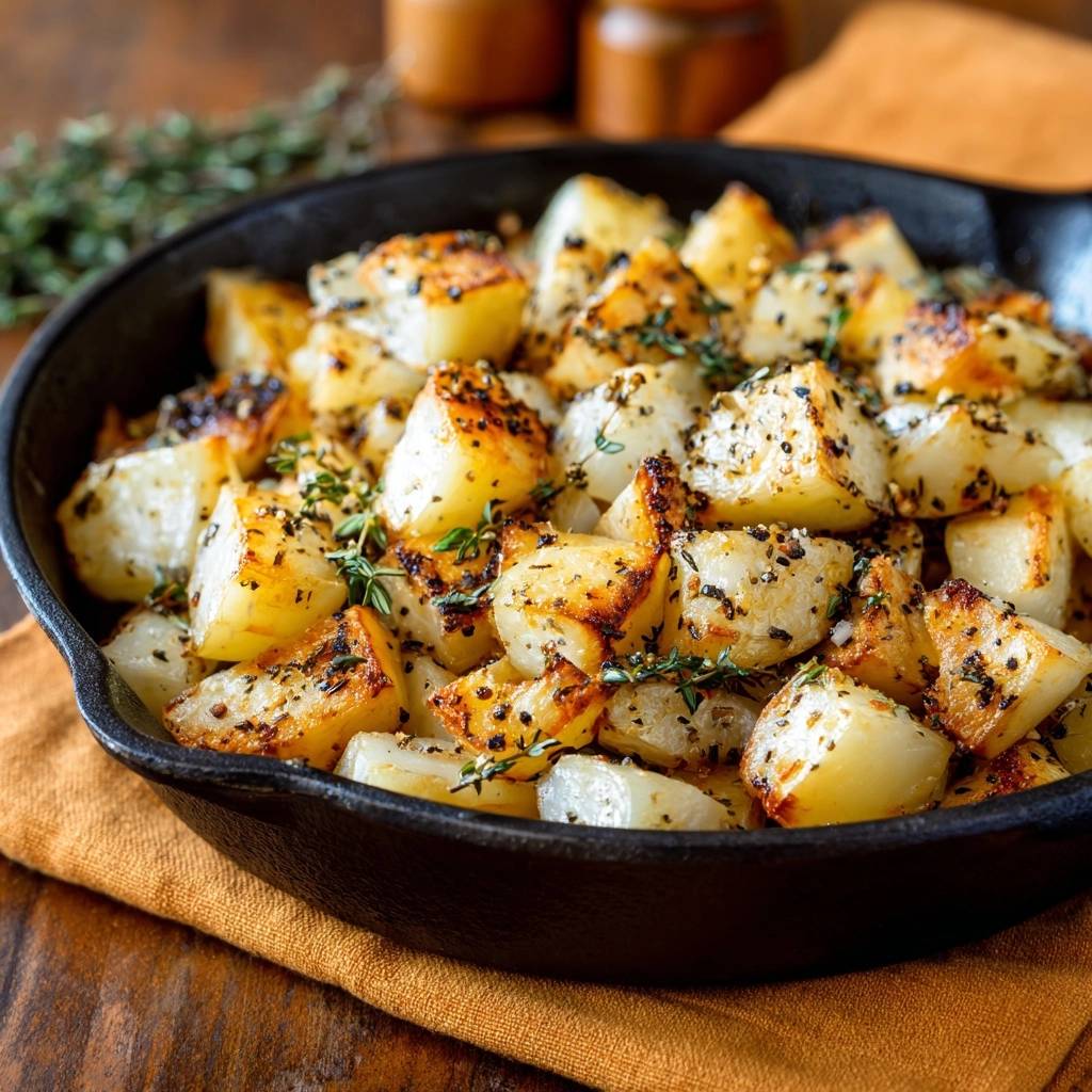 Crispy thyme skillet potatoes are piled high in a rustic black cast-iron pan, seasoned with herbs and spices.