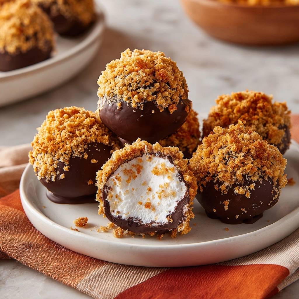 Crunchy S'mores Balls: Freezer-Sealed Perfection shown in a close-up cross-section revealing the marshmallow center.