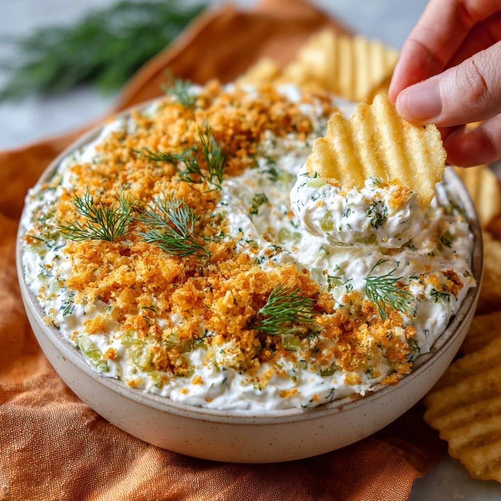 Cucumber Dill Crunch Dip with a chip scooping a generous portion, showcasing its thick texture and toppings.
