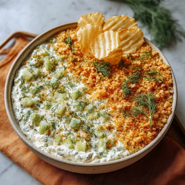 Cucumber dill crunch dip featuring a thick texture with a detailed topping of breadcrumbs and dill.