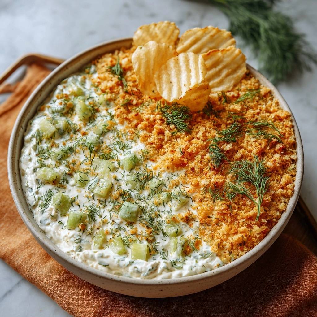 Cucumber dill crunch dip featuring a thick texture with a detailed topping of breadcrumbs and dill.