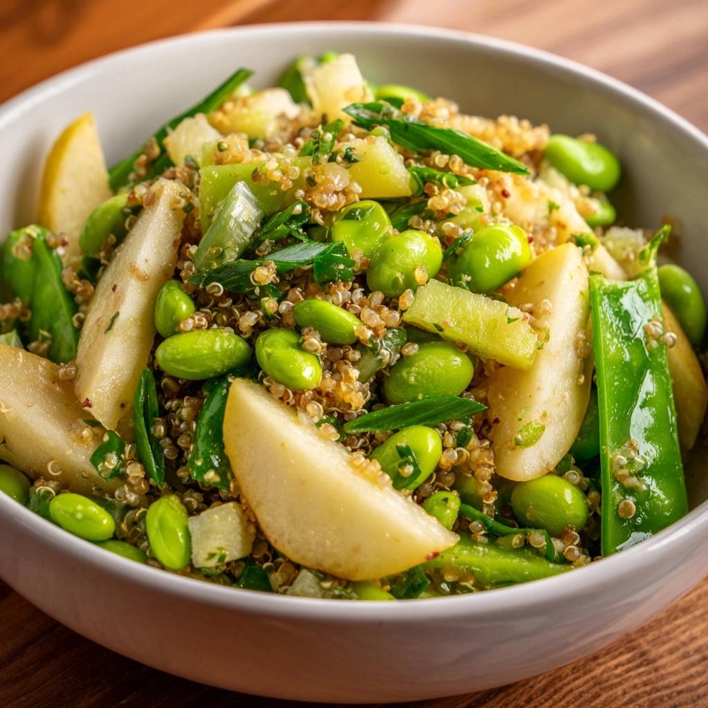 5-ingredient edamame quinoa salad with pear slices and green beans shown in a close-up bowl view.