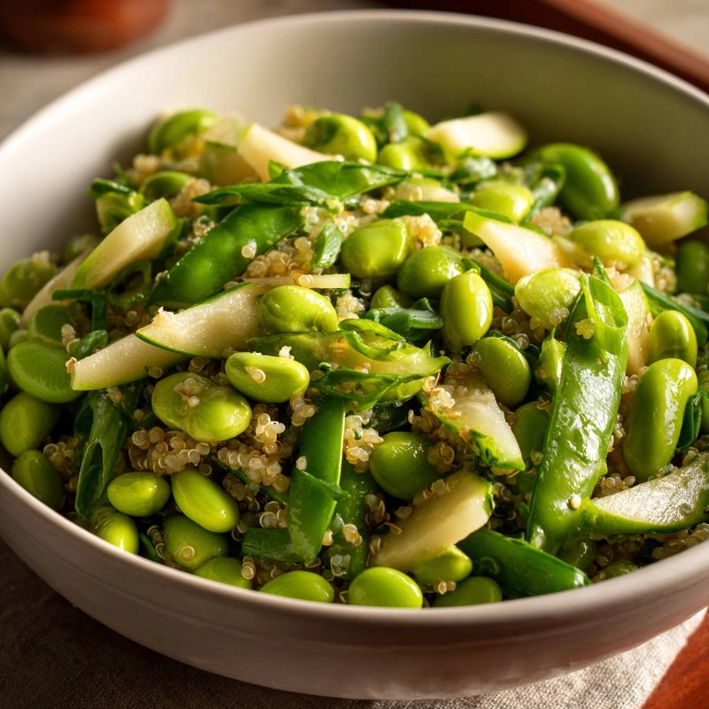 5-ingredient edamame quinoa salad with pear and snap peas shown in a close-up bowl view.
