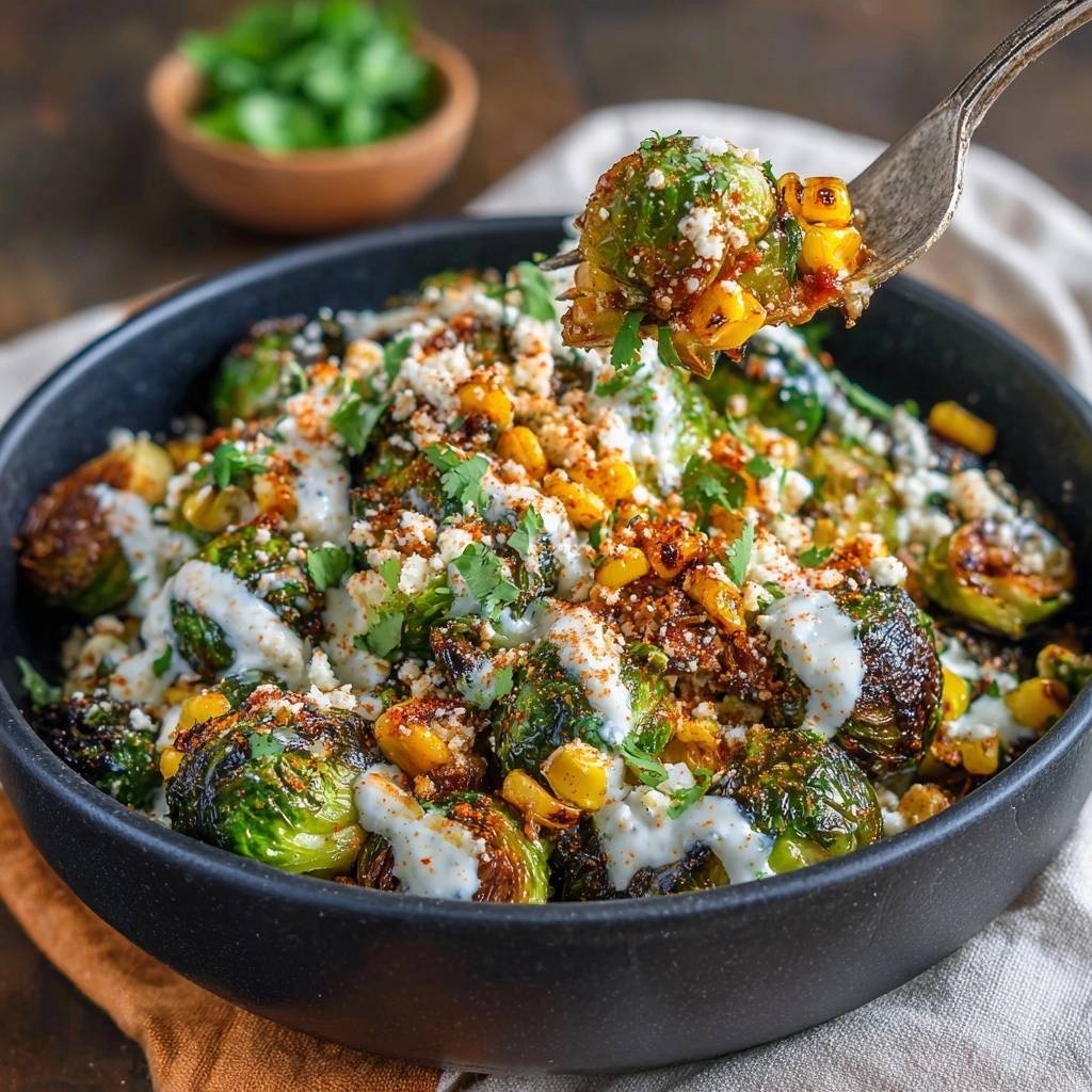 Elote-style roasted Brussels sprouts with corn and cotija cheese, a forkful showing the texture and toppings.