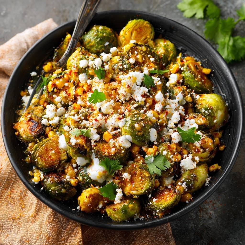 Elote-style roasted Brussels sprouts topped with crumbled cotija cheese and cilantro