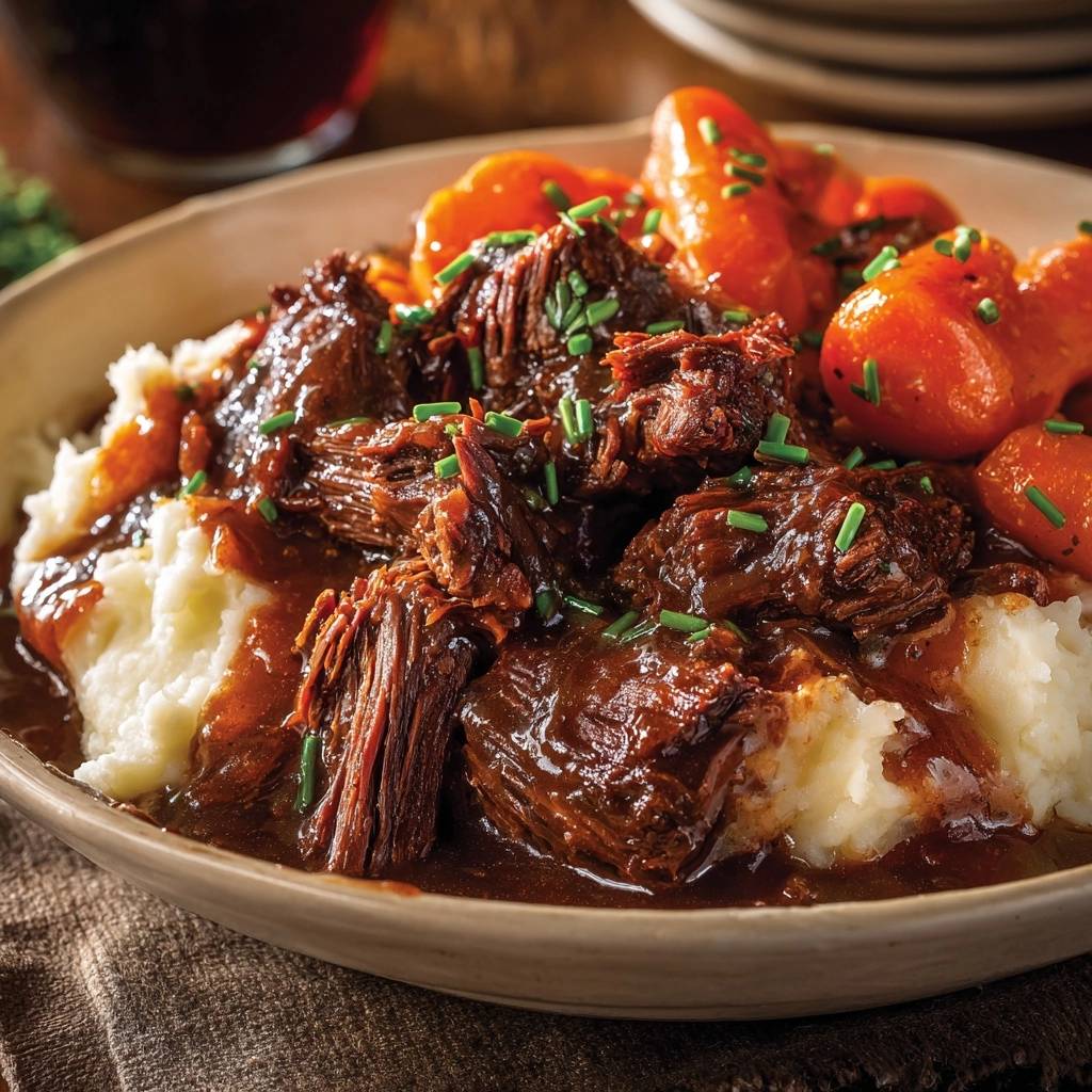 Fall-apart braised beef with carrots and mash, garnished with fresh chives, shown in a close-up view.