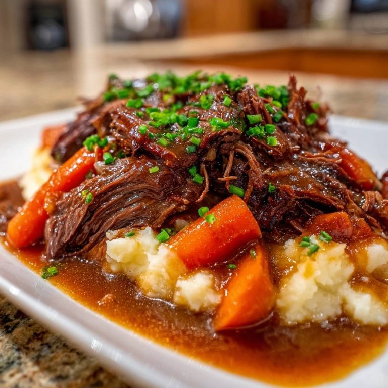 Fall-apart braised beef with carrots and mash served on a white plate, shown in a close-up view.