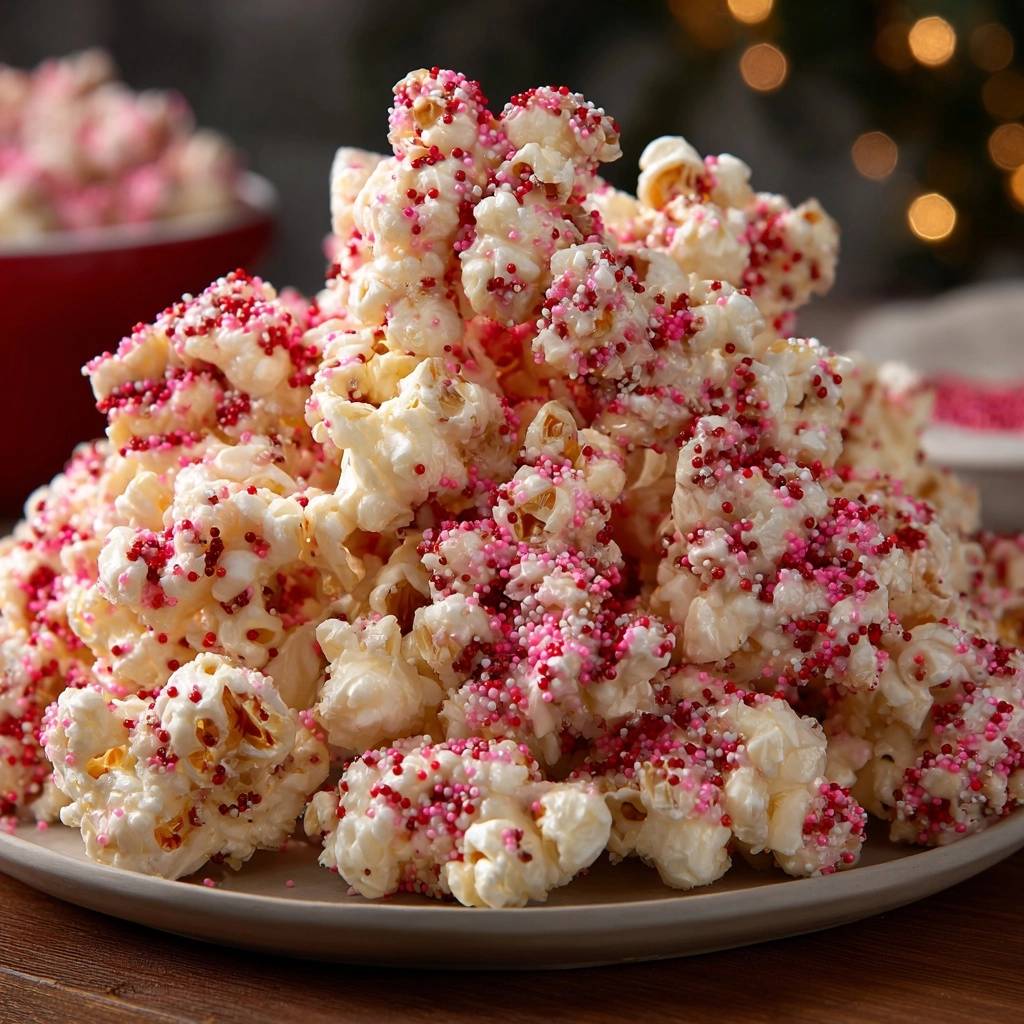 Festive pink white chocolate popcorn piled high on a plate, sprinkled with red and pink candy bits.
