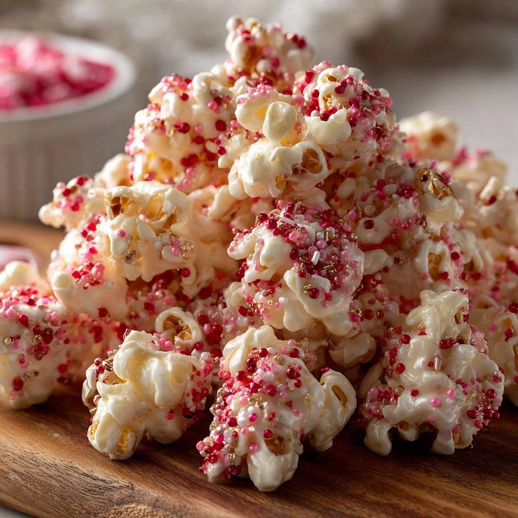 Festive pink white chocolate popcorn recipe with a close-up view of the white chocolate coating and colorful sprinkles.