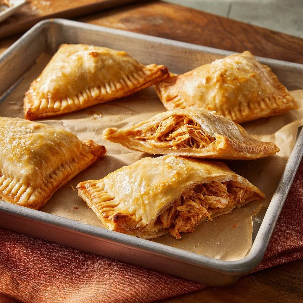 Flaky baked chicken empanadas shown in a cross-section revealing the shredded chicken filling.