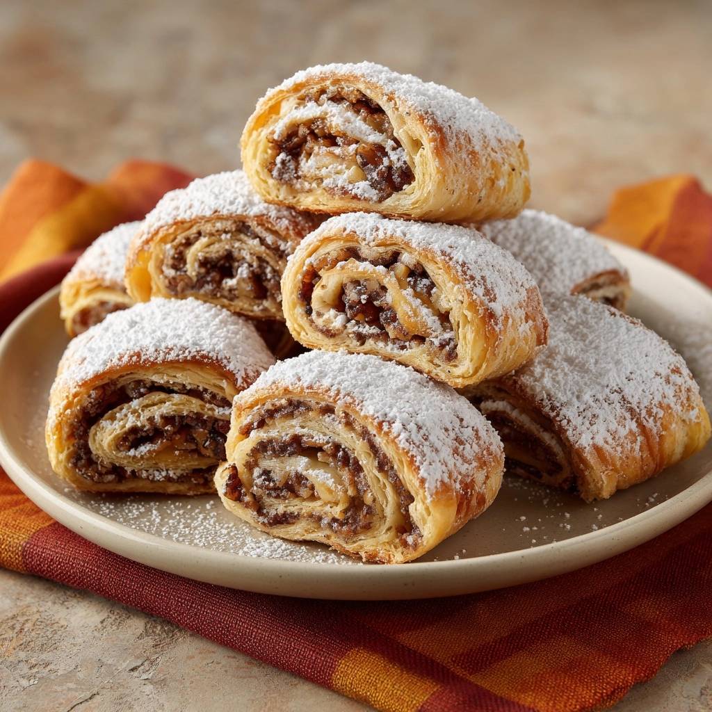 Flaky walnut rugelach shown in a sliced cross-section, revealing the spiral filling and powdered sugar dusting.