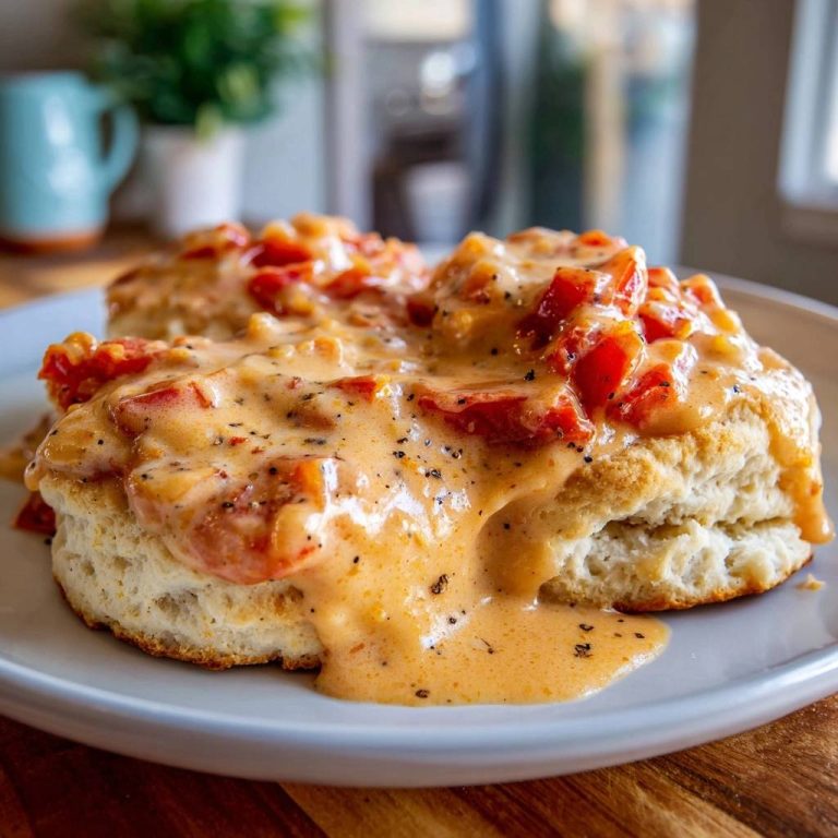 Fluffy biscuits with creamy tomato gravy served together on a plate, showcasing the rich sauce and visible tomato pieces.