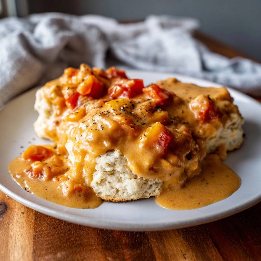Fluffy biscuits with creamy tomato gravy, a close-up view of a single serving plated generously with the rich sauce.