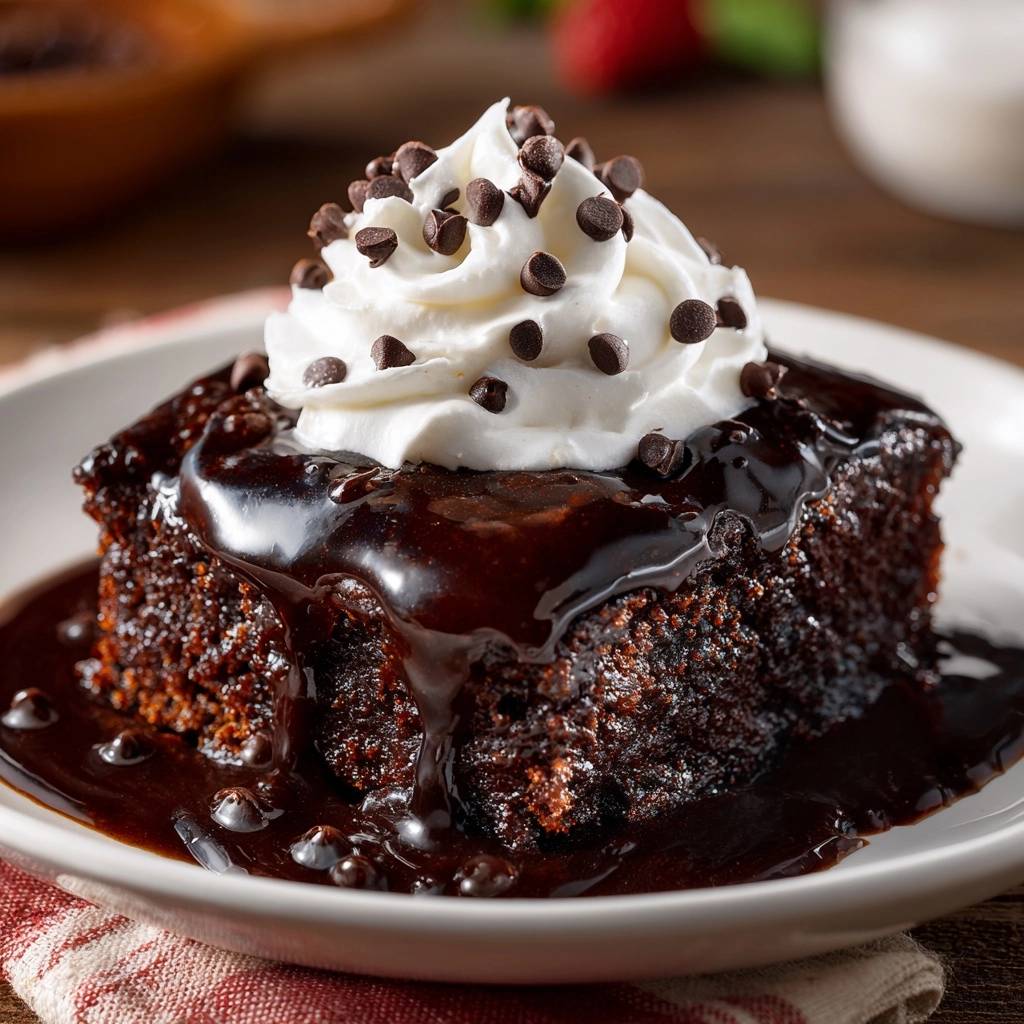 Fudgy chocolate brownies with whipped cream and ganache, a single serving plated with decadent chocolate sauce.
