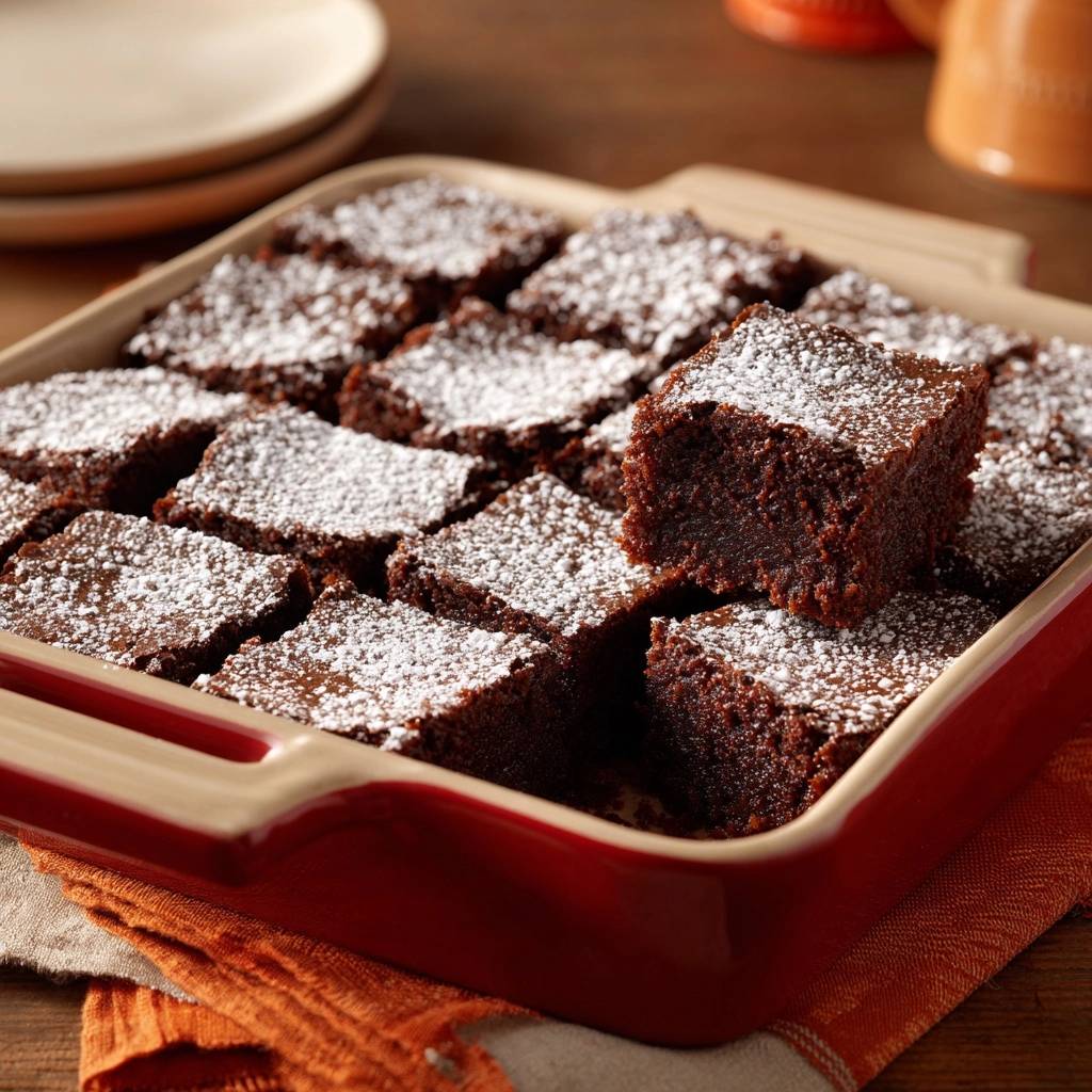 Fudgy chocolate brownies sliced in a red baking dish, dusted with powdered sugar.