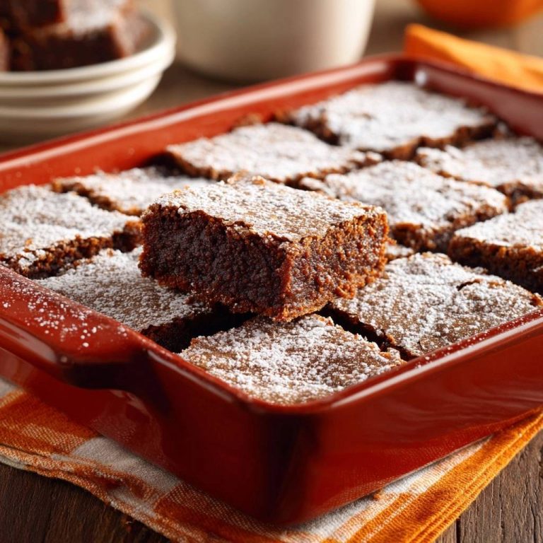 Fudgy chocolate brownies, sliced and dusted with powdered sugar, arranged in a red baking dish.