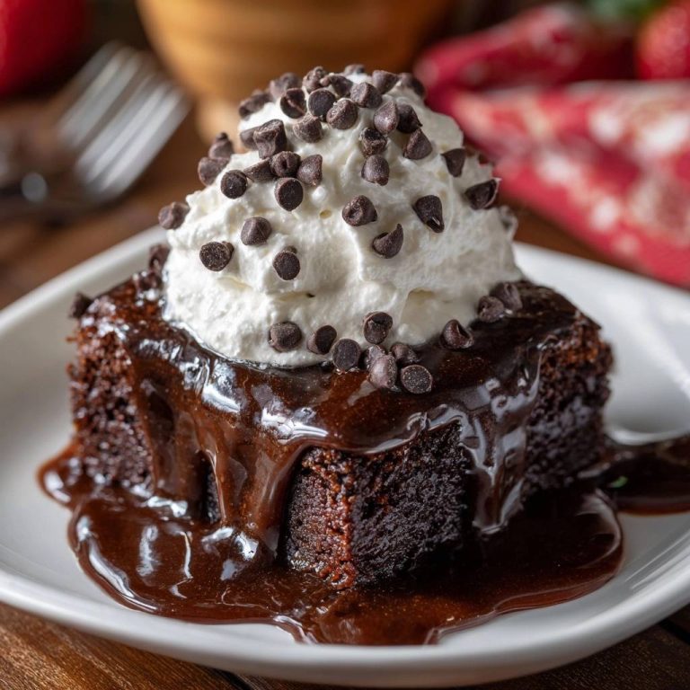 Fudgy chocolate brownies with whipped cream and ganache, a single serving plated with rich chocolate sauce.