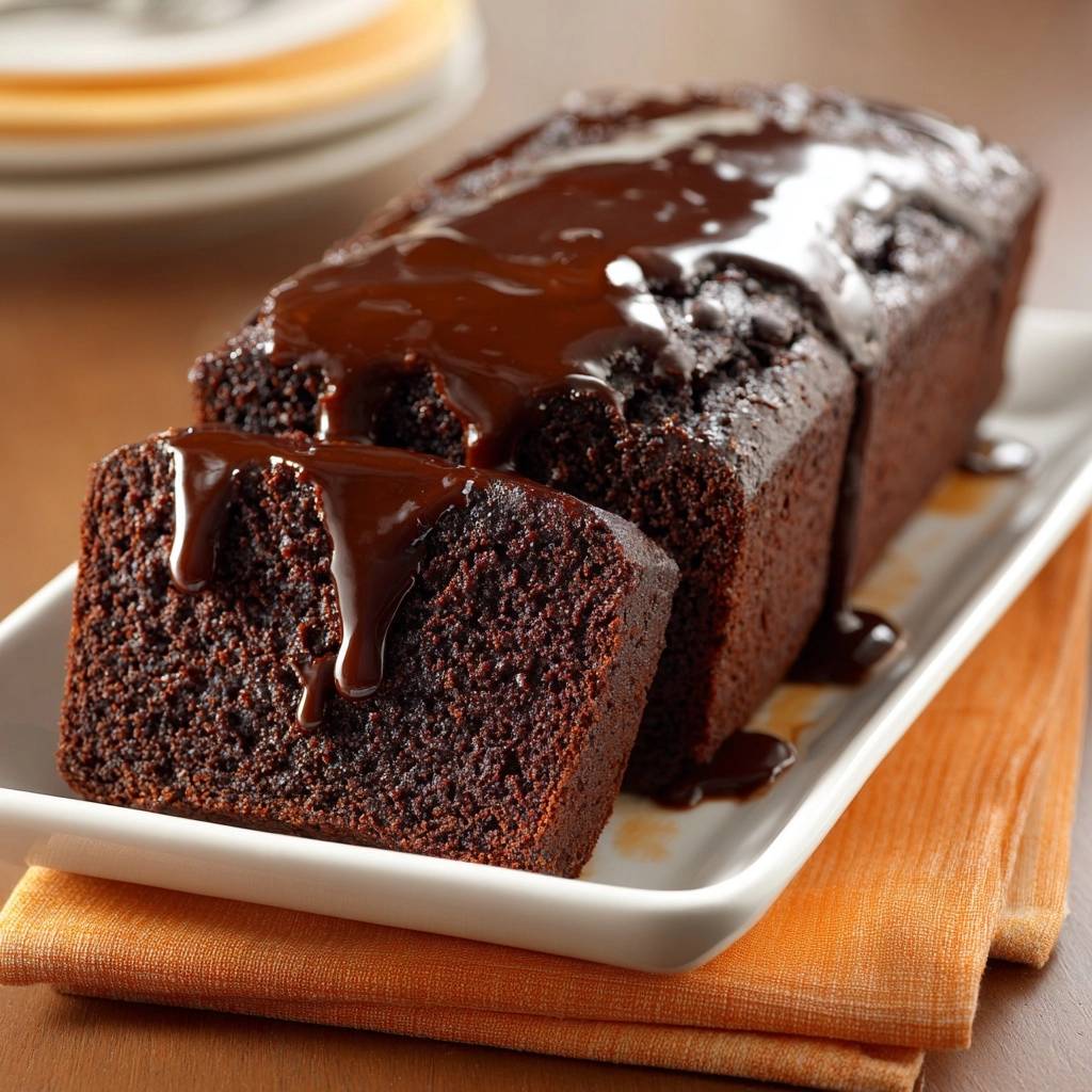Fudgy chocolate loaf cake sliced and drizzled with rich chocolate glaze, showing its moist interior texture.