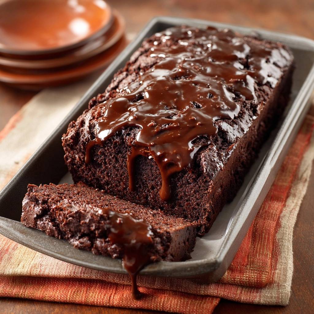 Fudgy chocolate loaf cake sliced with rich chocolate glaze dripping down the side.