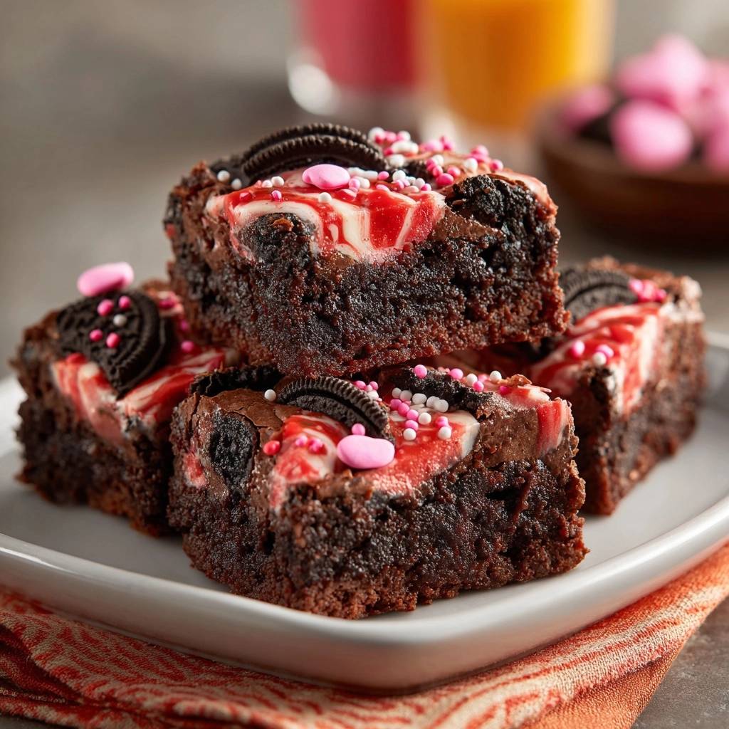 Fudgy Oreo Valentine Brownies are stacked on a plate, showcasing a close-up view of the swirled topping and festive sprinkles.