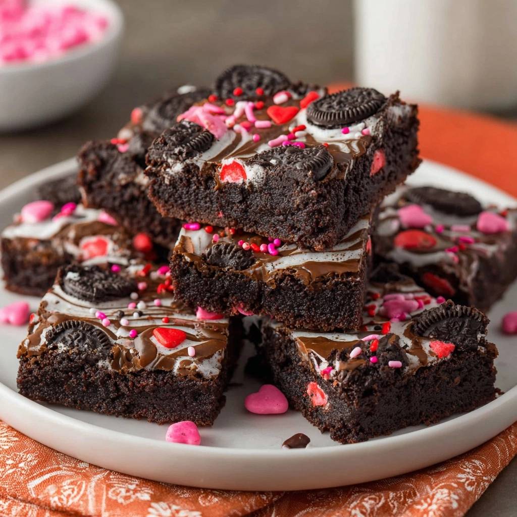 Fudgy Oreo Valentine Brownies stacked on a white plate, topped with white frosting, chocolate drizzle, and Valentine's sprinkles.