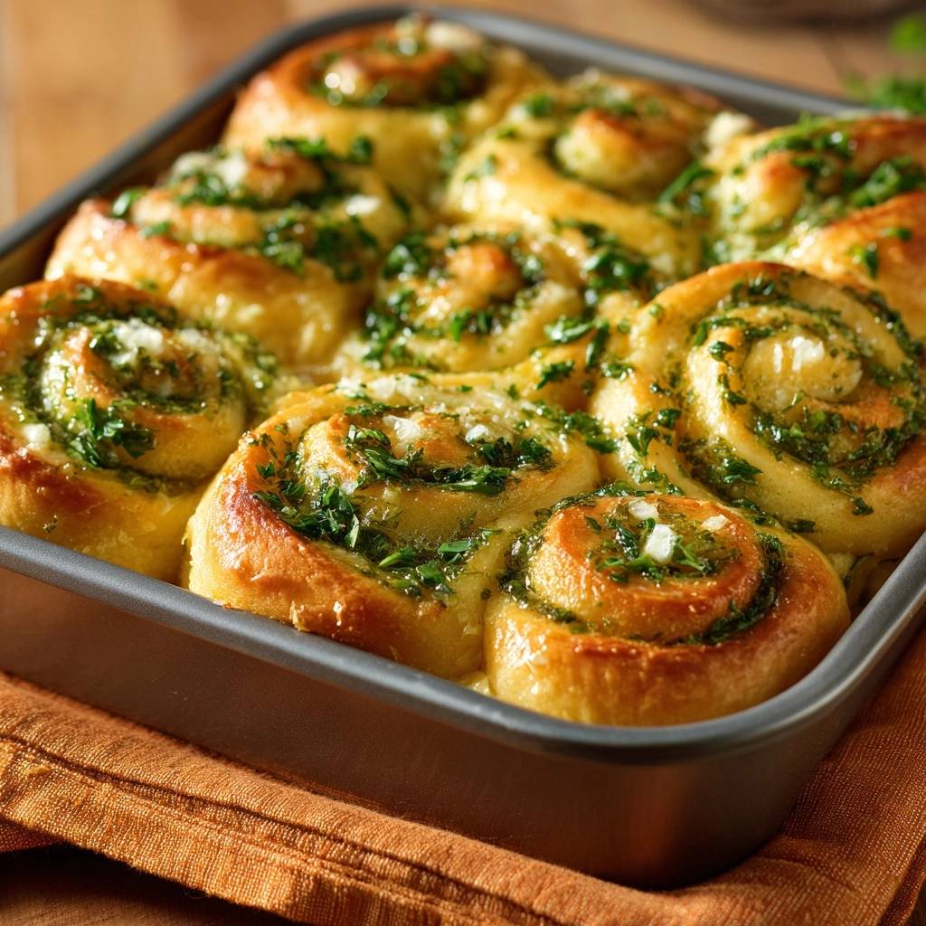 Garlic Parsley Pull-Apart Rolls baked golden brown in a dark metal pan, ready to be served.