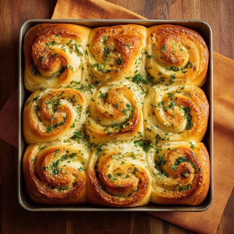 Garlic parsley pull-apart rolls baked in a pan, viewed from directly above, showcasing their golden-brown swirl tops.