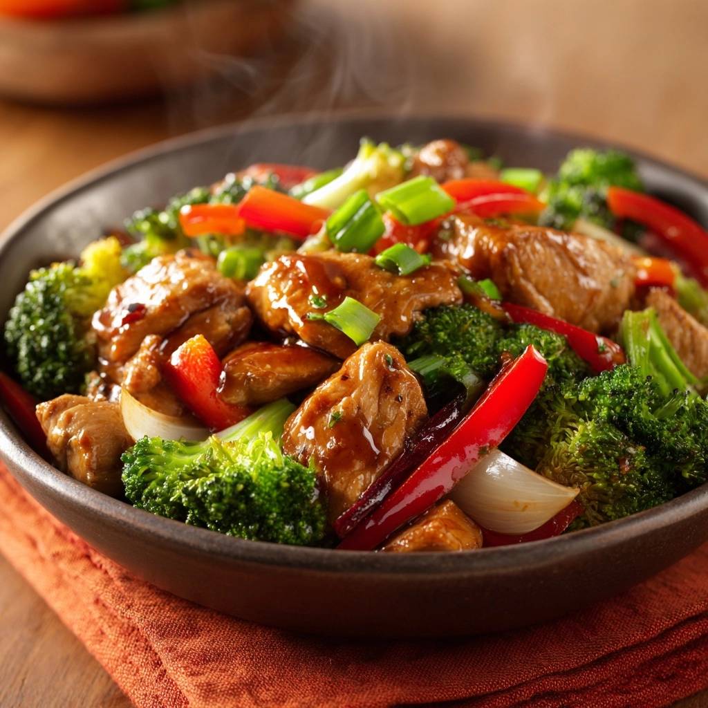 Glazed beef broccoli stir-fry in a dark bowl, with steam rising, showcasing tender beef and vibrant vegetables.
