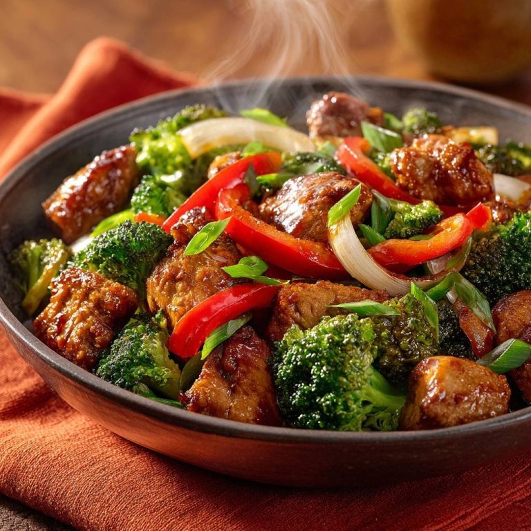 Glazed beef broccoli stir-fry steaming in a dark bowl, showcasing tender beef, vibrant broccoli, and red peppers.