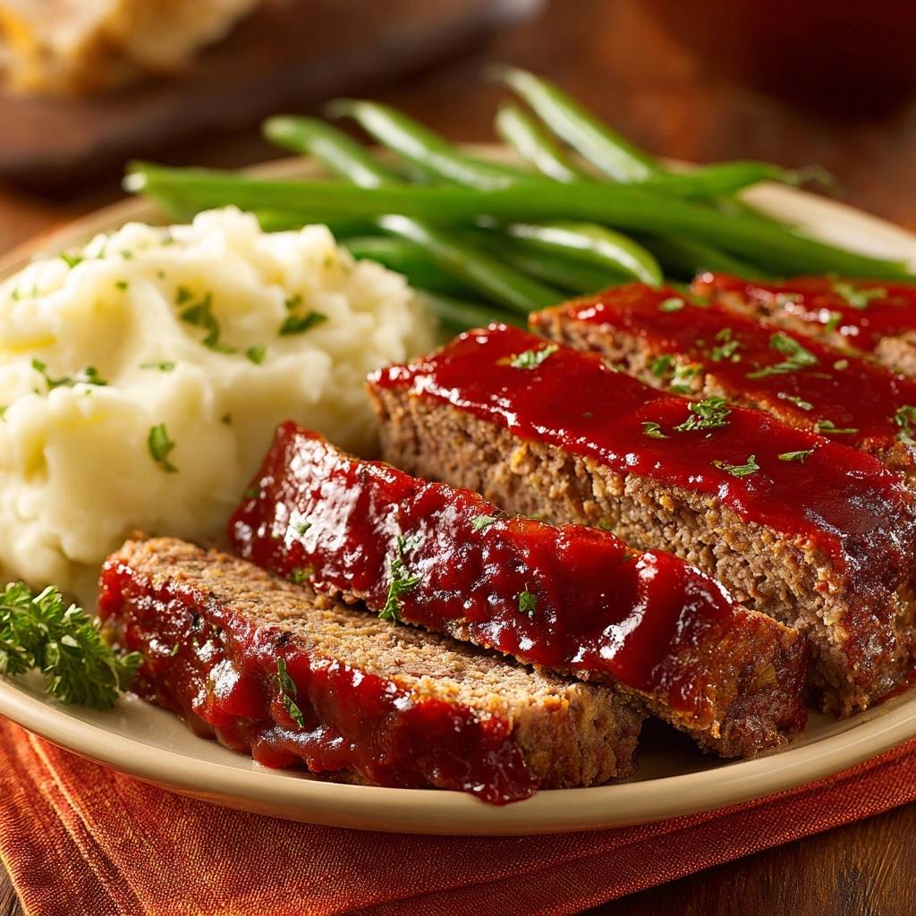 Glazed meatloaf dinner sliced and plated with mashed potatoes and green beans, showing a close-up of the juicy meatloaf.