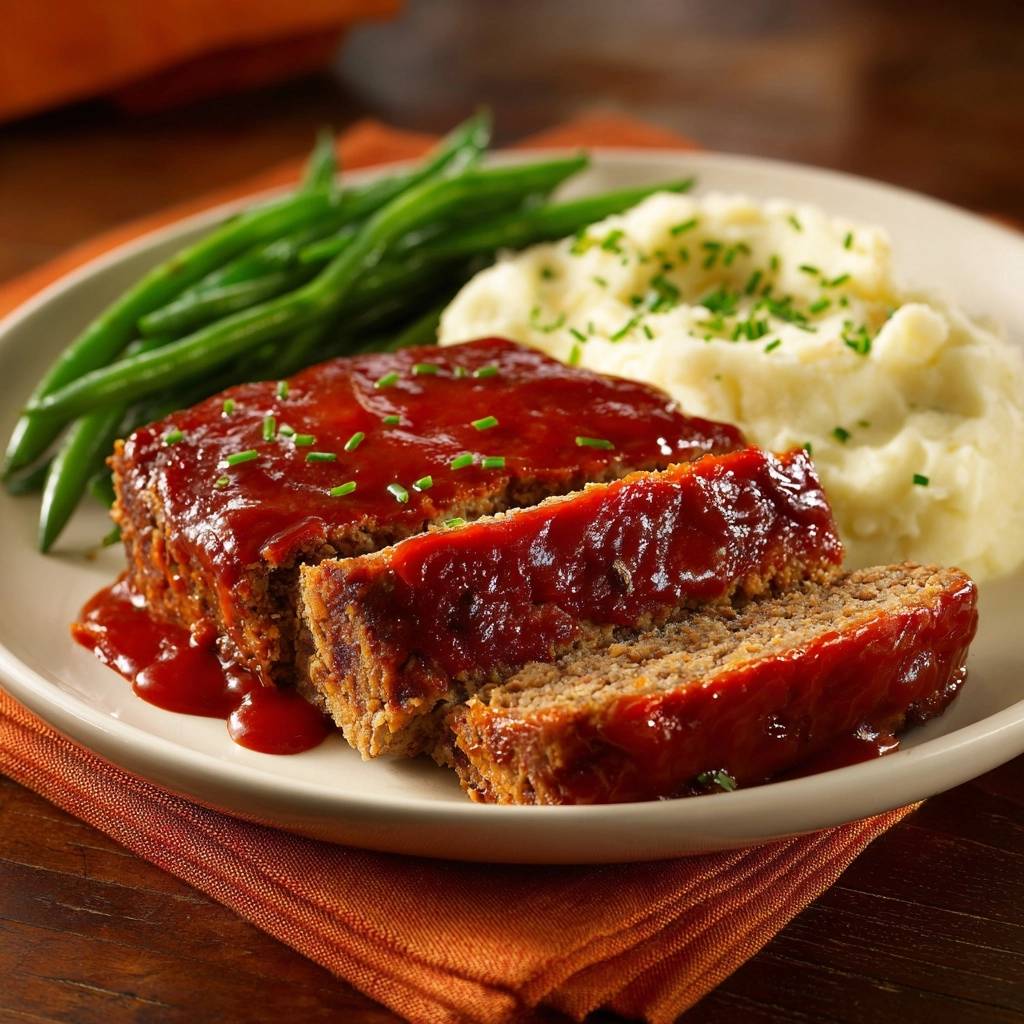 Glazed meatloaf dinner sliced and plated with mashed potatoes and green beans.