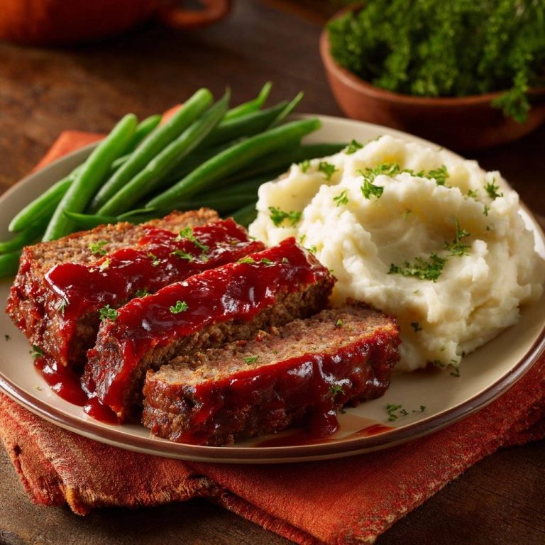 Glazed meatloaf dinner sliced and plated with mashed potatoes and green beans, garnished with parsley.