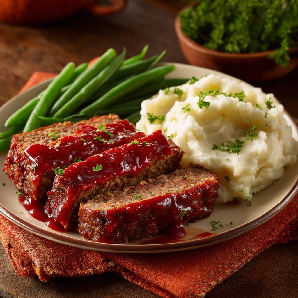 Glazed meatloaf dinner sliced and plated with mashed potatoes and green beans, garnished with parsley.