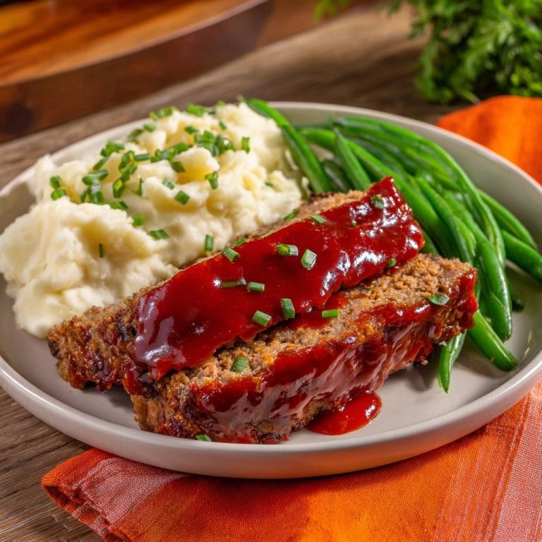 Glazed meatloaf dinner served with mashed potatoes and green beans on a plate, showing a side-view of the sliced meatloaf.