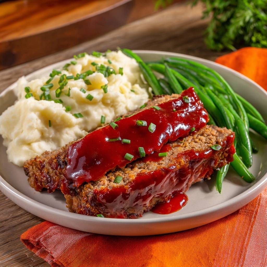 Glazed meatloaf dinner served with mashed potatoes and green beans on a plate, showing a side-view of the sliced meatloaf.