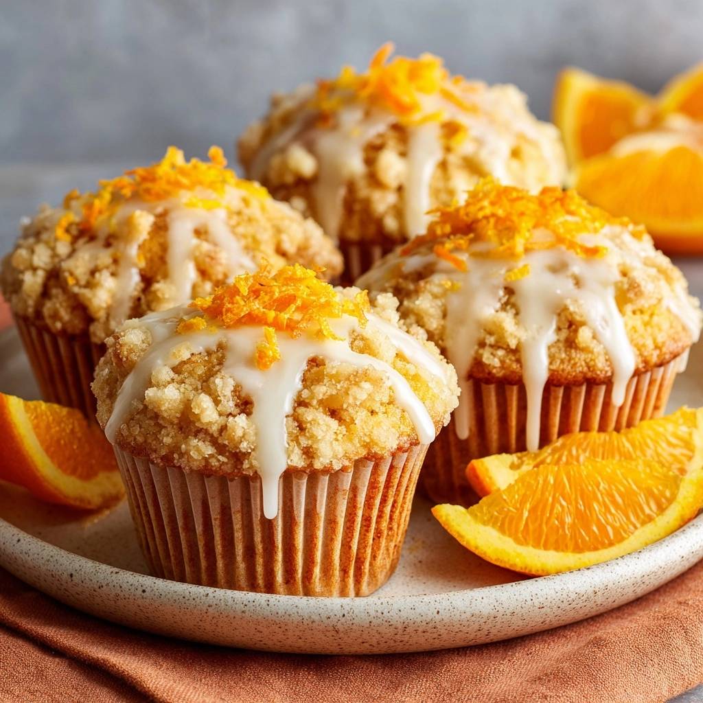 Glazed orange crumb muffins recipe featuring a close-up view of the streusel topping and fresh orange zest garnish.