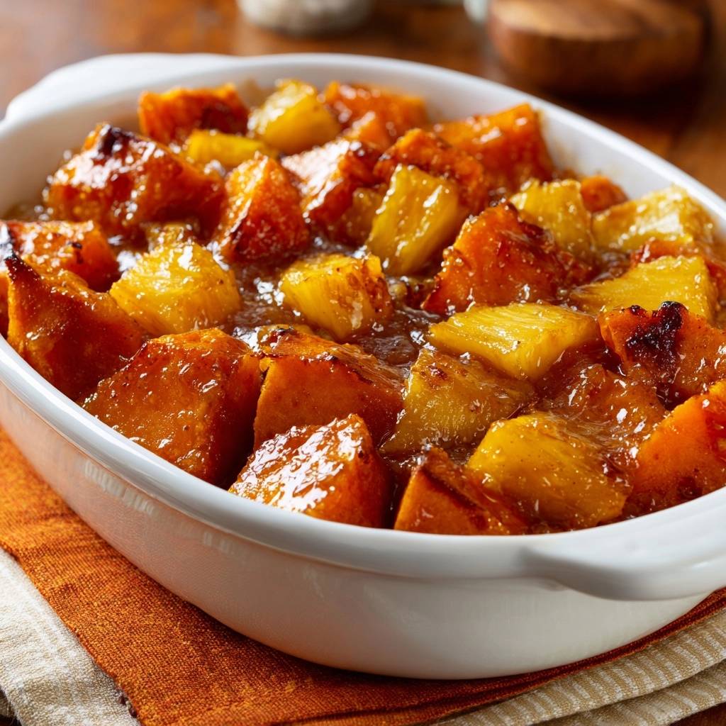 Glazed sweet potatoes and pineapple casserole in a white dish, showing a close-up view of the caramelized chunks.